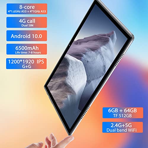 Tablet 10.1 Pulgadas, OUZRS Android 10 Tableta PC Ultrar-Rápido, 4G LTE+5G WiFi, Octa-Core 1.6 GHz 6GB + 64GB (TF 512GB), Dual SIM/SD,1920x1200 FHD, Cámara 8MP+5MP, Bluetooth, GPS, Type-C- Plata