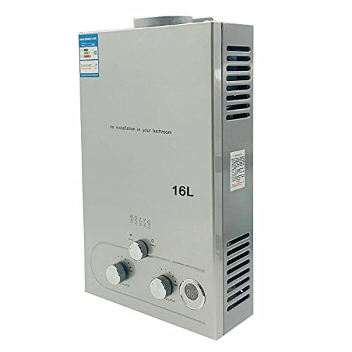 TABODD Calentador de agua portátil de gas natural NG, 16 L, 32 kW, para ducha doméstica, baño, con certificación CE, color plateado