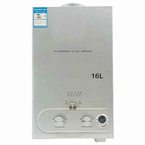 TABODD Calentador de agua portátil de gas natural NG, 16 L, 32 kW, para ducha doméstica, baño, con certificación CE, color plateado
