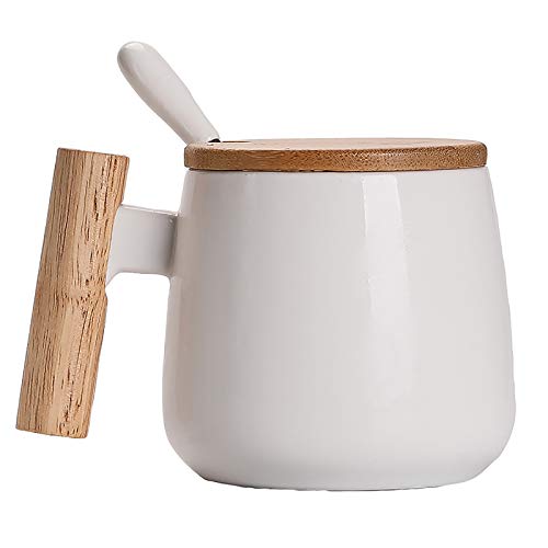 Taza de café de cerámica con mango de madera, con tapa y cuchara de acero inoxidable, 400 ml, color blanco