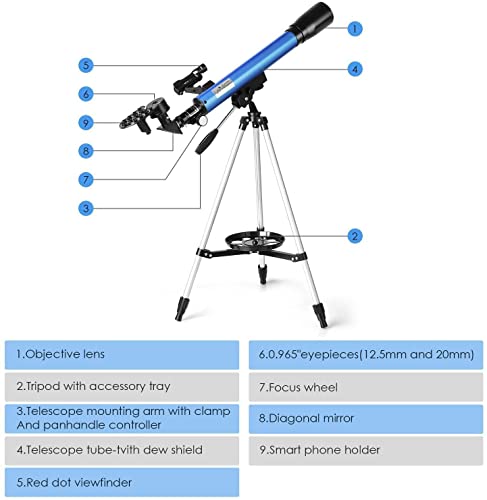 Telescopio Astronómico Refractivo 50mm con Observador de Puntos Rojos, Ajustable Trípode y Adaptador para smartphone Apto Adultos, Niños y Principiantes