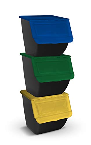 TIENDA EURASIA® Cubo de Basura para Reciclaje - Pack 3 Cubos de Basura de Cocina para Reciclar Apliables - 36L - (Papel - Vidrio - Plástico) (Negro)