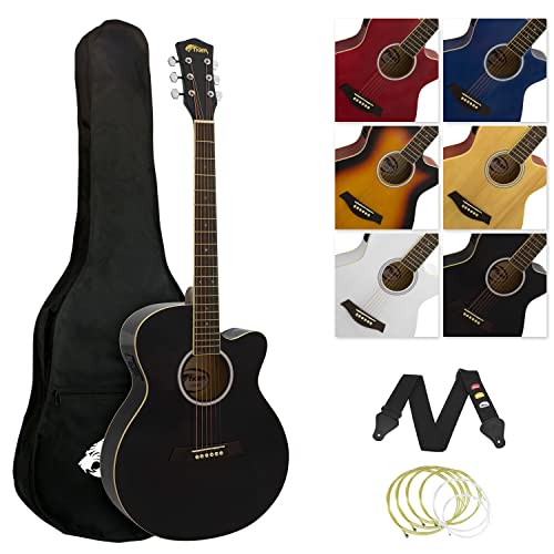 TIGER ACG4-BK Guitarra electroacústica para estudiantes de tamaño completo con ecualizador incorporado, funda, correa, cuerdas de repuesto y púas - Negro
