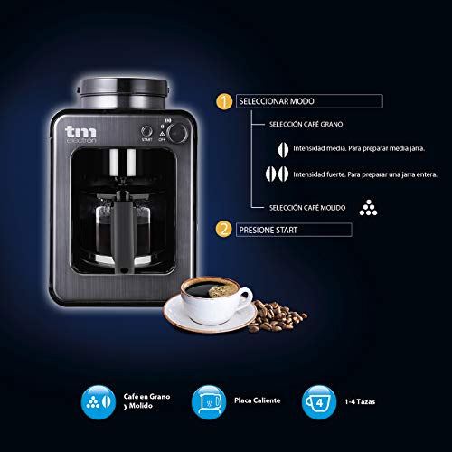 TM Electron TMPCF020G Mini cafetera de Goteo con Molinillo Grano, 4 Tazas, 600W y Filtro Lavable Compatible con café molido, 6 Cups, Acero Inoxidable, Grafito