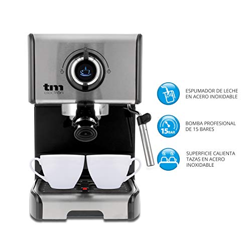 TM Electron TMPCF101 Cafetera espresso manual con presión de 15 bar, 1200 W, tanque de 1,2 L, espumador de leche, 3 funciones, de acero inoxidable, 1 tazas