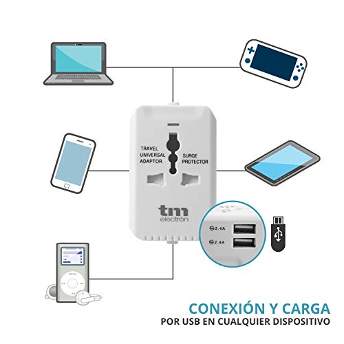 TM Electron TMUAD019 Adaptador de Corriente Universal de Viaje, 4 configuraciones de enchufes, Compatible con más de 160 países, 2 Conexiones USB y protección sobretensión