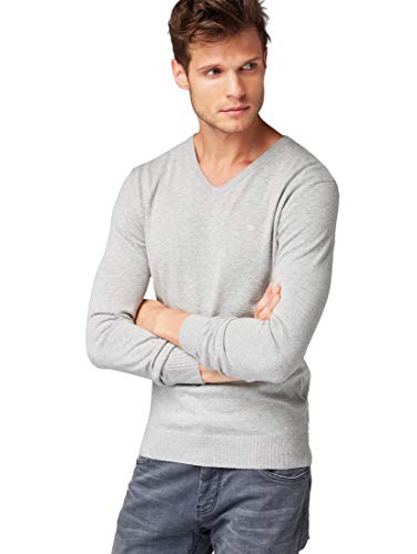 Tom Tailor V-Neck suéter, Gris (Light Soft Grey Mela 14427), Small para Hombre