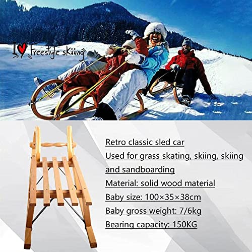 Trineo de madera para perros de 39 pulgadas con ruedas, trineo para nieve de madera con cinturón de seguridad, adecuado para deportes de invierno al aire libre, familias