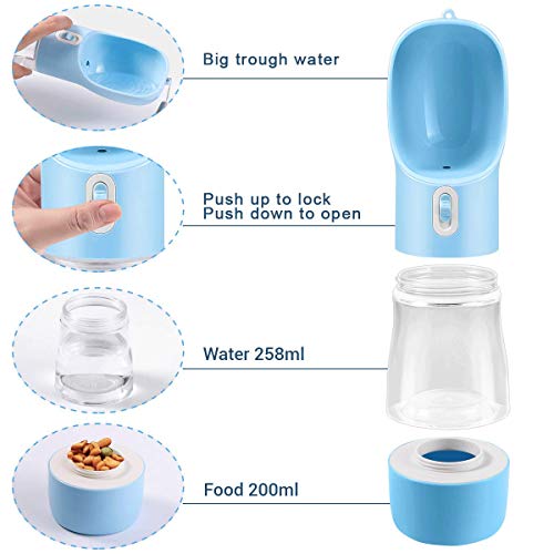 TUNAON Portátil Botella de Agua para Perros Gatos, Multifunción Botella de Agua para Cachorro de Alimentador para Mascotas para Caminar, Viajar al Aire Libre (Azul/258ML)