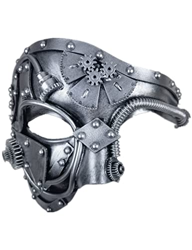 Ubauta Mechanical Steam Punk Phantom of the Opera, Vintage Masquerade Men Luxury Veneciana Media máscara / Fiesta / Disfraz / Mardi Gras / Mardi Gras / Decoración de pared(Plata)