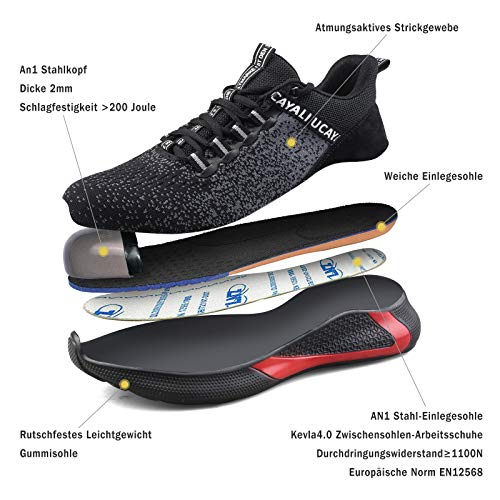 UCAYALI Zapatos de Seguridad Hombre Antideslizante Zapatillas de Trabajo con Puntera de Acero Ligeros Bambas de Seguridad Negro Gr.44