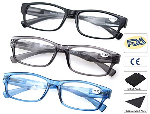 Un Pack de 3 Gafas de Lectura 1.5/Gafas para Presbicia Hombre Mujer,Buena Vision Ligeras Comodas,Vista de Cerca/Vista Cansada,Colores Negro-Gris-Azul