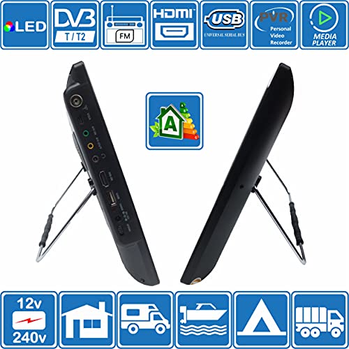 Unispectra® TV HD digital de 14 pulgadas con LED de alta definición DVB-T2. Freeview HD y toda Europa Free to the Air TV. 12 V 240 V USB PVR y reproductor multimedia, HDMI CCTV Monitor