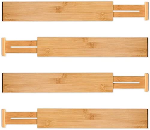 Utoplike Separadores de Cajones de Cocina de Bambú (42.7-55.4 cm), Organizador de Cajones Ajustable, Organizador de Cajones de Utensilios de Cocina con Resorte (paquete de 4)