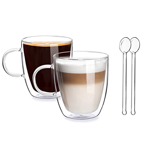 Vasos de Café de Doble Pared Juego de 2-400ml Tazas de Vidrio Borosilicato - Vasos de Café con Mango para Té, Latte, Leche, Cappuccino, Jugo - 2 Cuchara de Vidrio Gratis