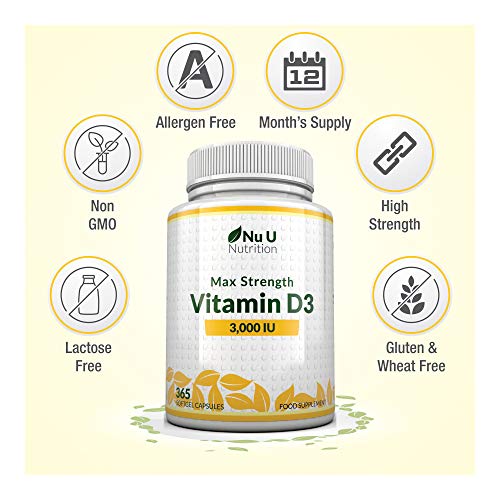 Vitamina D3 3000 UI | 365 Cápsulas Blandas (Suministro Para Todo el Año) | Suplemento de Vitamina D3 Tres Veces Más Concentrado, Colecalciferol de Alta Absorción | Libre de Gluten Y Lácteos
