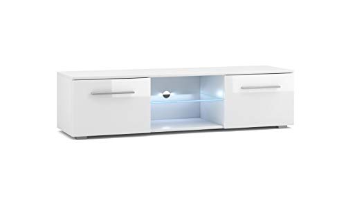 VIVALDI Mueble para TV - MOON - 140 cm - Blanco Mate con Blanco Brillante con iluminación LED Azul - Estilo Design