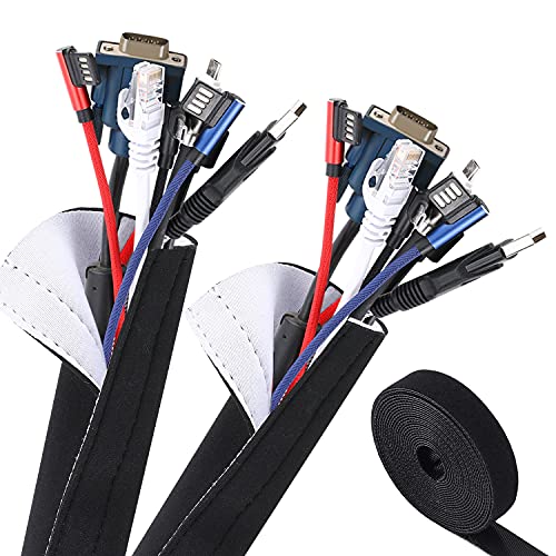 VoJoPi Organizador Cables, 300cm Flexible Funda Cubre Cables de Neopreno +300cm Bridas para Cables, Organizador de Cables de para Recoge TV, PC Cables - Reversible en Blanco y Negro(∅3.5cm)