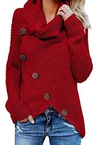 Voqeen Suéteres de Mujer Tortuga De Botón Cuello Vuelto Asimétrico Dobladillo Envoltura Tejido Gruesos de Punto Jersey