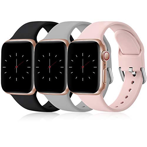 Wepro 3 Pack Correas Compatible con Apple Watch Correa 38mm 40mm 41mm 42mm 44mm 45mm, Correa de Silicona Suave Compatible con iWatch Series 7, 6, 5, 4, 3, SE, 38mm/40mm/41mm-S, Negro/Gris/Rosa