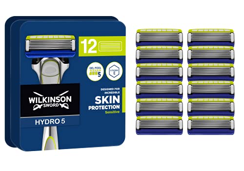 Wilkinson Sword Hydro 5 Skin Protection - 12 Recambios de Cuchillas de 5 Hojas con Banda Lubricante con Vitamina E para Pieles Sensibles