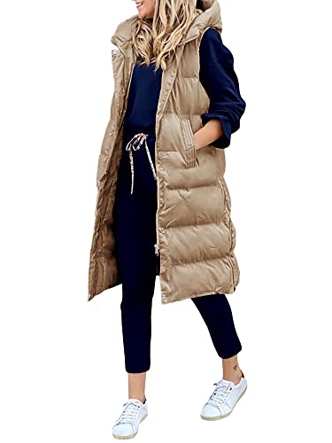 Womens Down Hooded Hooded Outwear Vest with Stand Collar Thick Hooded Sleeveless Long Winter Warm Gilet Coats Jacket (Khaki, X-Large)