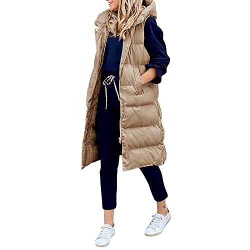 Womens Down Hooded Hooded Outwear Vest with Stand Collar Thick Hooded Sleeveless Long Winter Warm Gilet Coats Jacket (Khaki, X-Large)