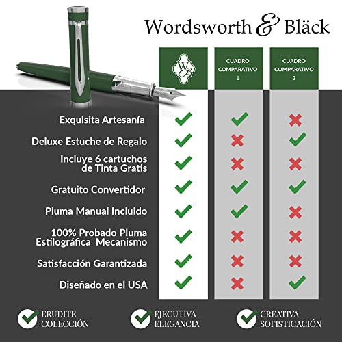 Wordsworth & Black Juego de pluma estilográfica, punta mediana, incluye 6 cartuchos de tinta y convertidor de recarga de tinta, estuche de regalo, bolígrafos de escritura suave [carreras verde]