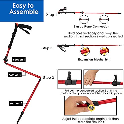 XDSP Bastones de Trekking bastón portátil telescópico antichoque para Caminar con bastón Plegable, Rápidas Plegables contra Golpes para Caminatas Aire Libre Trekking Escalada (Red) 1PCS