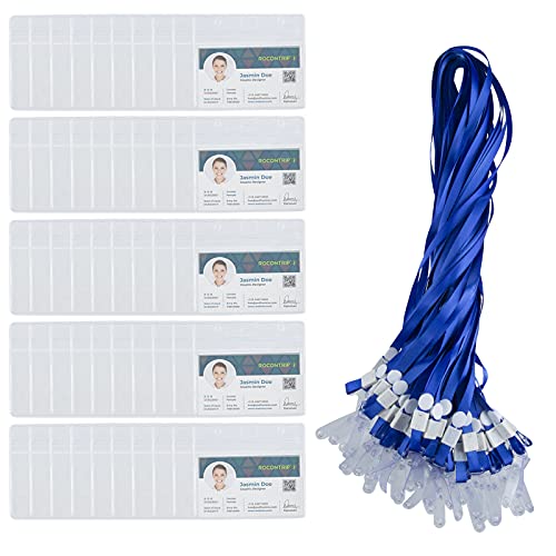 XiYee Tarjeta de Identificación, 50 Piezas Claro Plástico Nombre Etiqueta Badge Id Tarjeta + 50 Cuerdas De Cuello Plano Con Gancho Giratorio Funda de Tarjeta para Oficina, Exposición y Negocios (Blue)