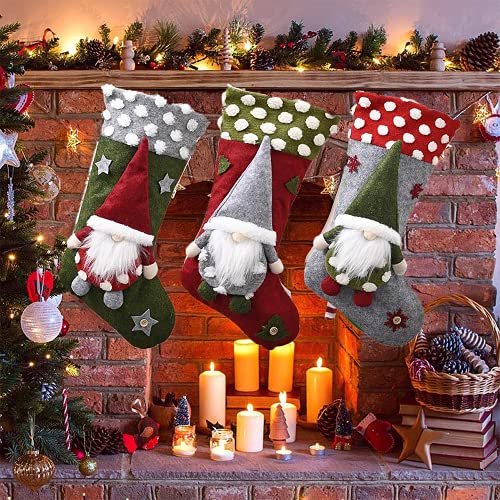 Yaclonq Paquete de 3 medias navideñas, 45,9 cm, grandes gnomos 3D para colgar en la chimenea, decoración familiar de Navidad para fiestas navideñas, adorno de Navidad, bolsa para caramelos