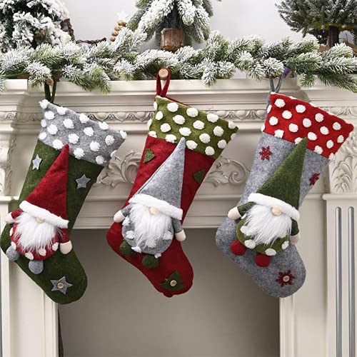 Yaclonq Paquete de 3 medias navideñas, 45,9 cm, grandes gnomos 3D para colgar en la chimenea, decoración familiar de Navidad para fiestas navideñas, adorno de Navidad, bolsa para caramelos