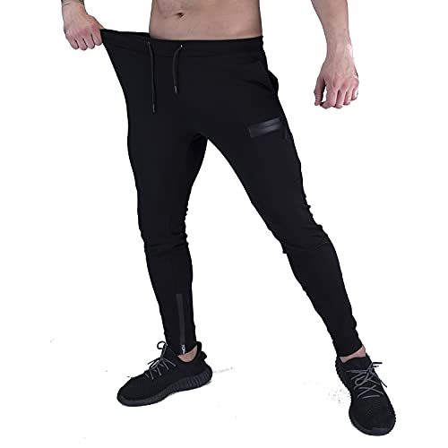 Yageshark Pantalones de deporte para hombre, de algodón, ajustados, para el tiempo libre, para correr o para la calle, Negro , L