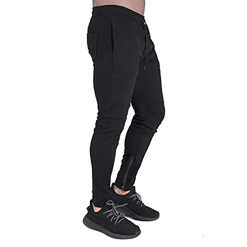Yageshark Pantalones de deporte para hombre, de algodón, ajustados, para el tiempo libre, para correr o para la calle, Negro , L