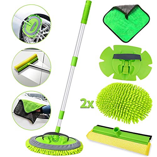 Yokiss - Kit de limpieza para coche con mango largo, 2 cabezales de cepillo de lavado de coche de microfibra, 1 esponja para secado, 1 toalla de lavado de coche