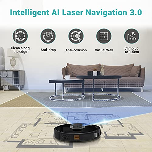 Zigma Robot Aspirador Navegación Láser 4000Pa, Gestión y Edición de Habitaciones, Multi-Floor Mapping con Zonas No-Go, Siri Alexa, Apto para Suelos y Pelos de Mascotas