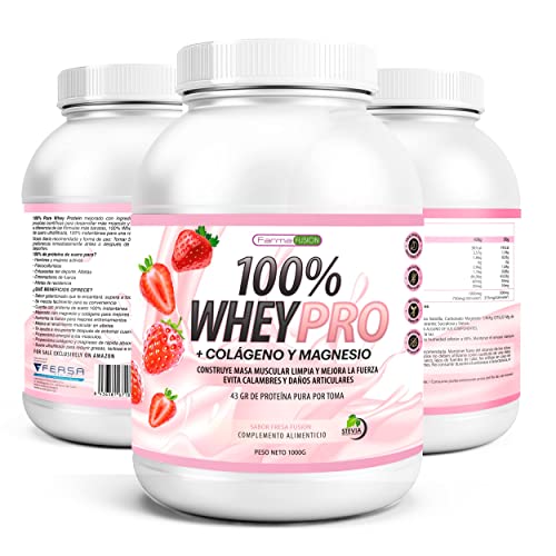100% Whey Protein con Colágeno y Magnesio | 43Gr. de Proteína Pura por toma 0% Azúcares | Aumenta el crecimiento muscular y tonifica los músculos | Protege y lubrica Articulaciones | 1000g (Fresa)