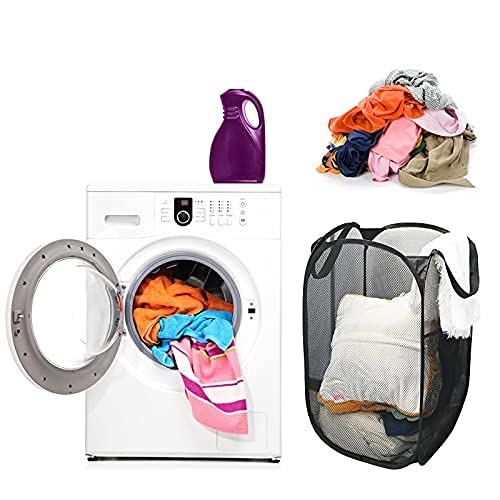 2 cestas de lavandería, plegable, de malla plegable, transpirable, con bolsillo lateral, organizador de ropa sucia, organizador de juguetes (negro)