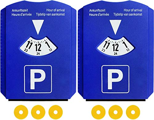 2 Discos de Estacionamiento Aparcamiento con 3 Chip para Carros de Compra - Disco Horario Coche Parquímetro de Plástico Azul