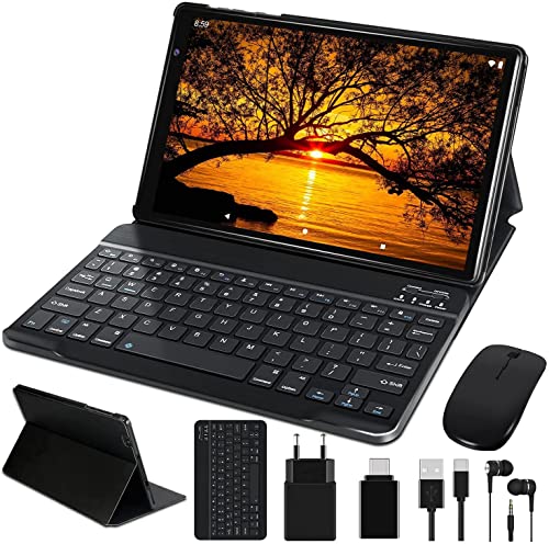 2022 FACETEL Tablet 10 Pulgadas Android 11 OS, Tableta Octa-Core 4GB RAM 64GB ROM(128GB Expandible), 5G+2.4G WiFi |5MP+8MP |Pantalla HD IPS |8000mAh |Bluetooth | Teclado+Ratón - Cuerpo de Metal Negro