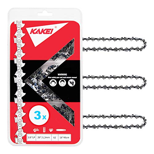 3 cadenas de motosierra KAKEI 3/8 1,3 mm (.050"), 62 TG, 45 cm, compatible con Dolmar, Echo, Einhell, Hitachi, Homelite, Ryobi y otros