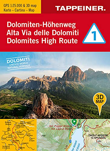 3D-Wanderkarte Dolomiten-Höhenweg 1. 1:25.000. Ediz. tedesca, italiana e inglese: Cartina escursionistica 3D Alta Via delle Domiti 1: 167