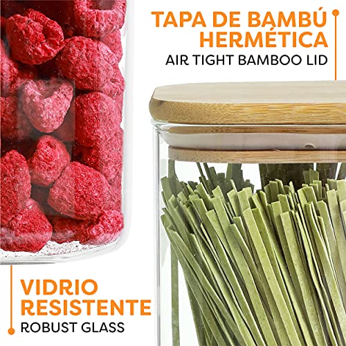 4 Botes de Cristal con Tapa de Bambú Cuadrados - Herméticos - Con 4 Juntas de Repuesto - Aptos para Lavavajillas