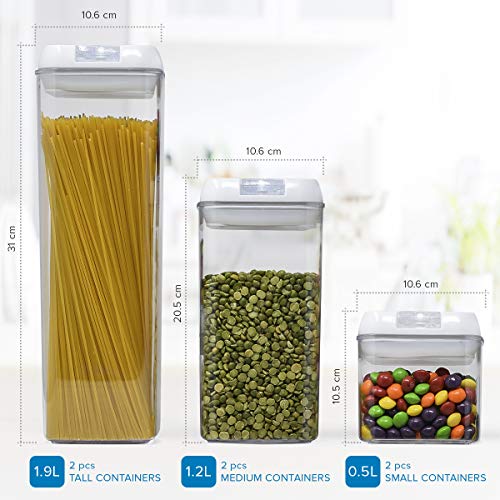 6 Recipientes de Plástico Transparente para Almacenamiento de Alimentos con Tapas Herméticas - Varios tamaños, Alimentos Secos y líquidos