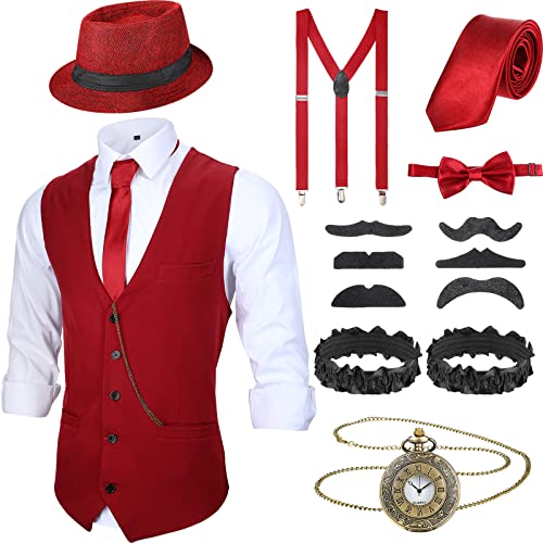 Accesorios de Hombre de 1920 Disfraces Ropa de Gatsby Gángster Atuendo de Cosplay Halloween con Chaleco Sombrero de Fieltro Reloj de Bolsillo Tirantes Corbata (M, Rojo Vino)
