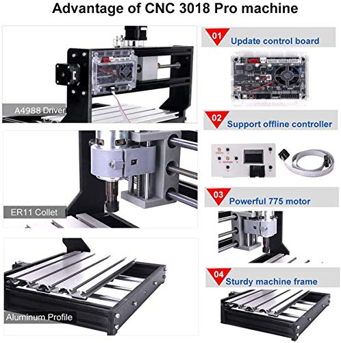 Actualice La CNC 3018 Pro GRBL Control DIY Mini CNC Machine, Mcwdoit Wood Router Engraver Con Controlador Fuera De Línea + 5mm ER11 PCB + 20PCS 3.175MM Router CNC Bits + 4 Juegos CNC Placas