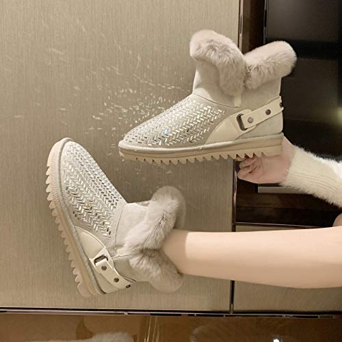 AELEGASN Botas De Invierno Mujer Botas De Nieve Diamante De Imitación Impermeable Botines Zapatos Fur Forro Aire Libre Boots,Blanco,40