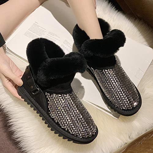 AELEGASN Botas De Invierno Mujer Botas De Nieve Diamante De Imitación Impermeable Botines Zapatos Fur Forro Aire Libre Boots,Negro,36