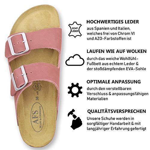 AFS-Schuhe 2100 - Chanclas cómodas para mujer de piel auténtica, prácticas zapatillas de trabajo, zapatillas de estar por casa, hechas a mano en Alemania, color Rojo, talla 38 EU