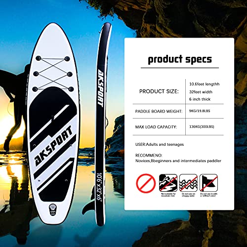 AKSPORT Tabla de surf de remo hinchable de 10,6 pulgadas, 320 x 81 x 15 cm, 6 pulgadas de grosor, prémium y accesorios completos